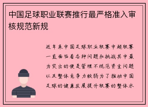 中国足球职业联赛推行最严格准入审核规范新规